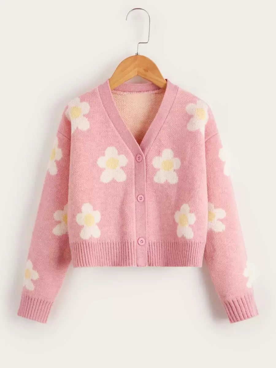 SHEIN Girls Floral Pattern Drop Shoulder Cardigan - Baby Pink - View 1