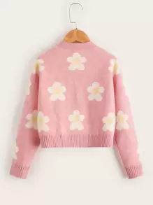 SHEIN Girls Floral Pattern Drop Shoulder Cardigan - Baby Pink - View 2