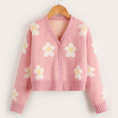 Girls Floral Pattern Drop Shoulder Cardigan