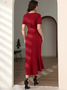 Modelyn Burgundy Red Ruffle Tulip Hem Belted Dress - Burgundy - View 2