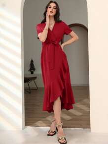 Modelyn Burgundy Red Ruffle Tulip Hem Belted Dress - Burgundy - View 3