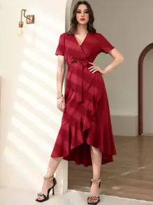 Modelyn Burgundy Red Ruffle Tulip Hem Belted Dress - Burgundy - View 4