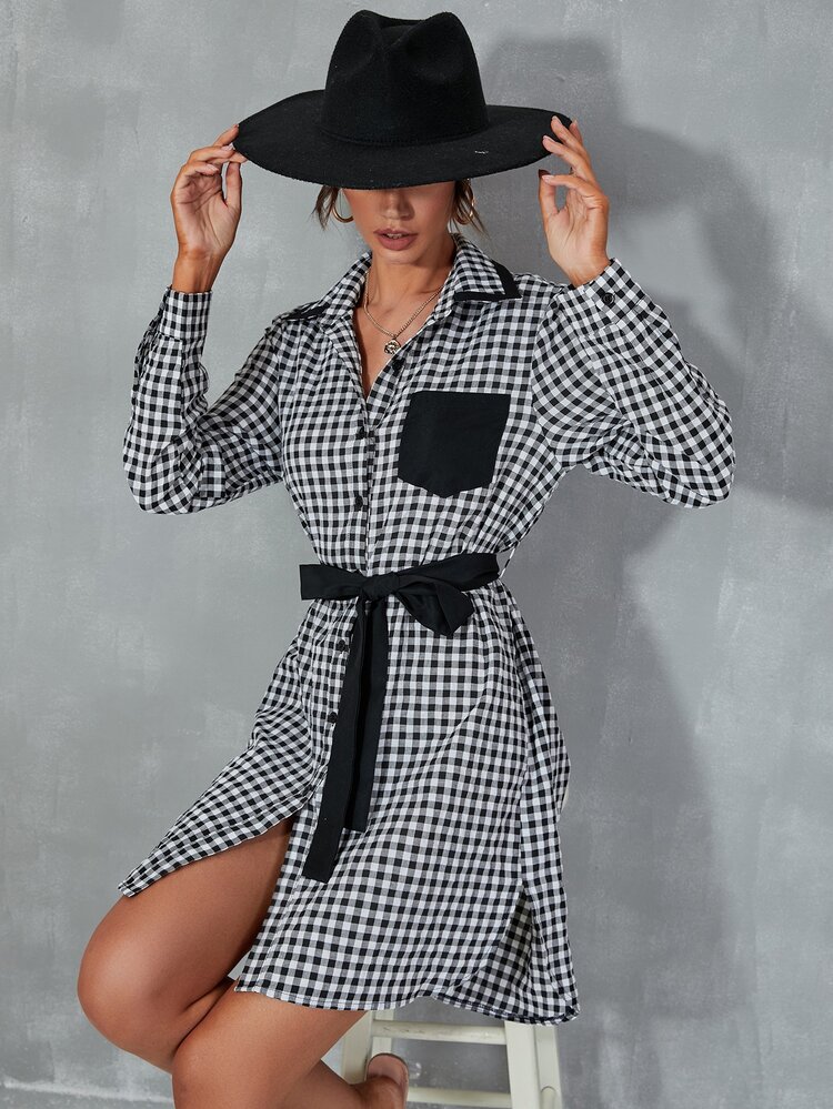 Vestido camisero de guingán con parche con bolsillo con cinturón - Blanco y Negro - Añade 6