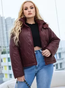 SHEIN Plus Drop Shoulder Slant Pockets Hooded Argyle Quilted Coat