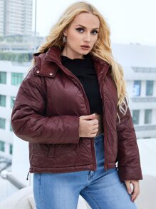 SHEIN Plus Drop Shoulder Slant Pockets Hooded Argyle Quilted Coat