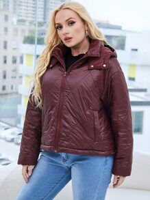 SHEIN Plus Drop Shoulder Slant Pockets Hooded Argyle Quilted Coat