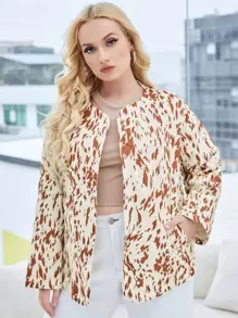 SHEIN Unity Plus Size Allover Print Slant Pockets Padded Coat - Multicolor - View 1