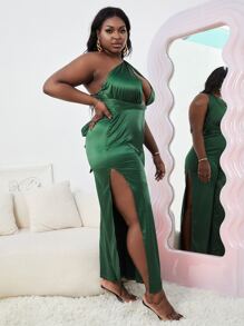 SHEIN SXY 大碼單肩後綁帶鏤空高衩緞面連身褲 - 墨綠色 - 查看 3