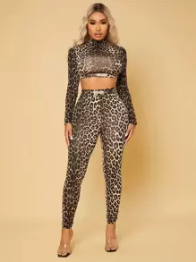 SHEIN SXY Mock Neck Patch Detail Leopard Top And Leggings Set - Multicolor - View 1