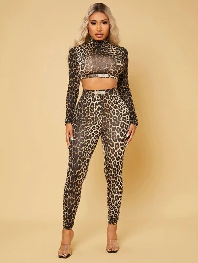 SHEIN SXY Lappad Leopard Sexig Tvådelad Outfit