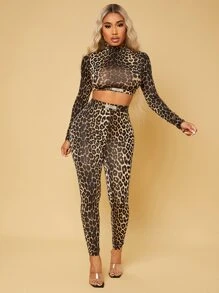 SHEIN SXY Mock Neck Patch Detail Leopard Top And Leggings Set - Multicolor - View 3