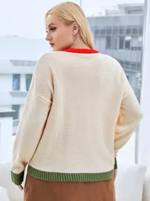 SHEIN Unity Plus Drop Shoulder Contrast Trim Sweater - Beige - View 2