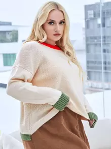 SHEIN Unity Plus Drop Shoulder Contrast Trim Sweater - Beige - View 3
