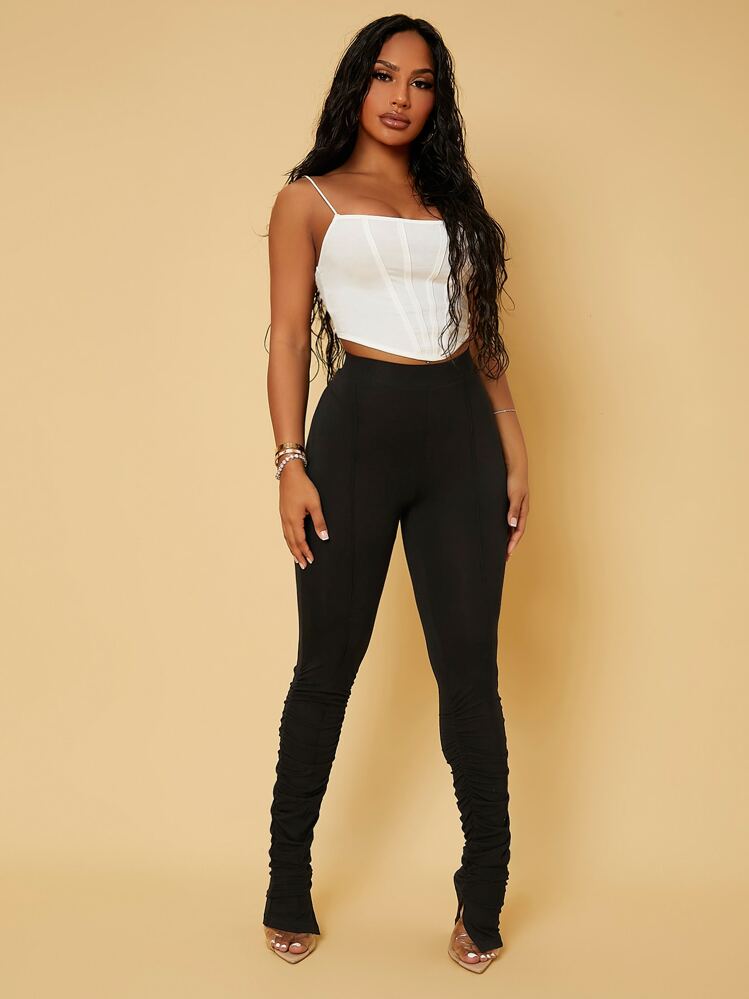 SHEIN SXY Leggings unicolor de talle alto fruncido - Negro - Añade 6