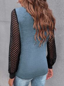 SHEIN LUNE Contrast Guipure Lace Bishop Sleeve Tee - Dusty Blue - View 2