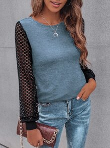 SHEIN LUNE Contrast Guipure Lace Bishop Sleeve Tee - Dusty Blue - View 3