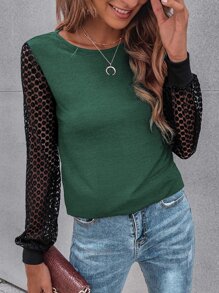 SHEIN LUNE Contrast Guipure Lace Bishop Sleeve Tee - Green - View 1