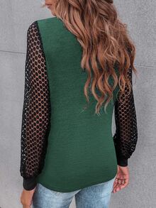 SHEIN LUNE Contrast Guipure Lace Bishop Sleeve Tee - Green - View 2