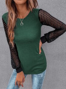 SHEIN LUNE Contrast Guipure Lace Bishop Sleeve Tee - Green - View 5