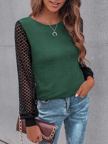 SHEIN LUNE Contrast Guipure Lace Bishop Sleeve Tee - Green - View 6