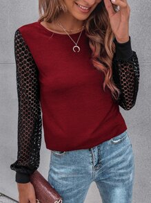 SHEIN LUNE Contrast Guipure Lace Bishop Sleeve Tee - Burgundy - View 1