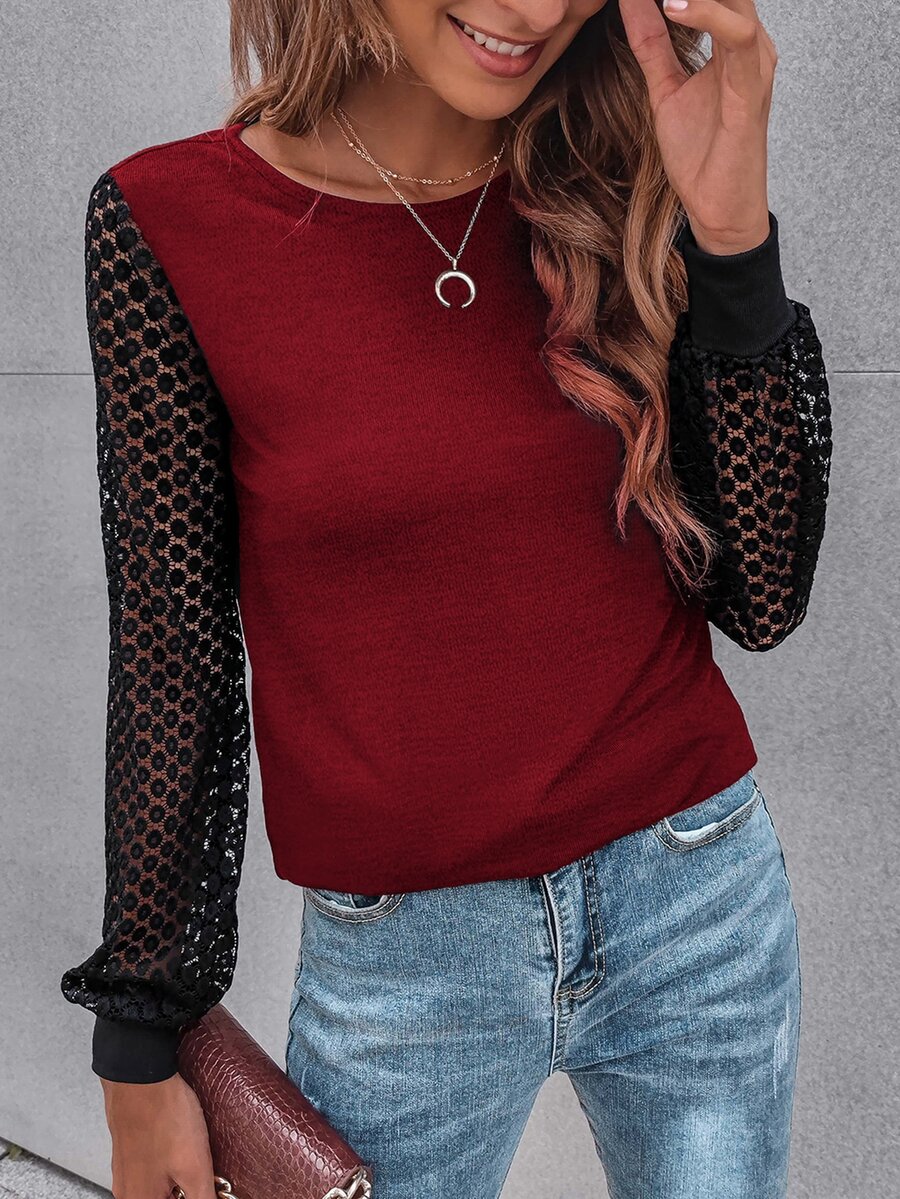 SHEIN LUNE Contrast Guipure Lace Bishop Sleeve Tee - Burgundy - View 1