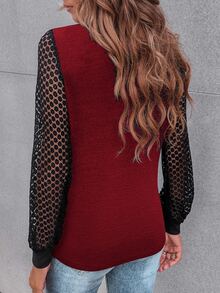 SHEIN LUNE Contrast Guipure Lace Bishop Sleeve Tee - Burgundy - View 2