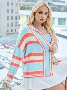 SHEIN Essnce áo hở cổ kích thước lớn Sọc Giải trí - Nhiều màu - Xem 1