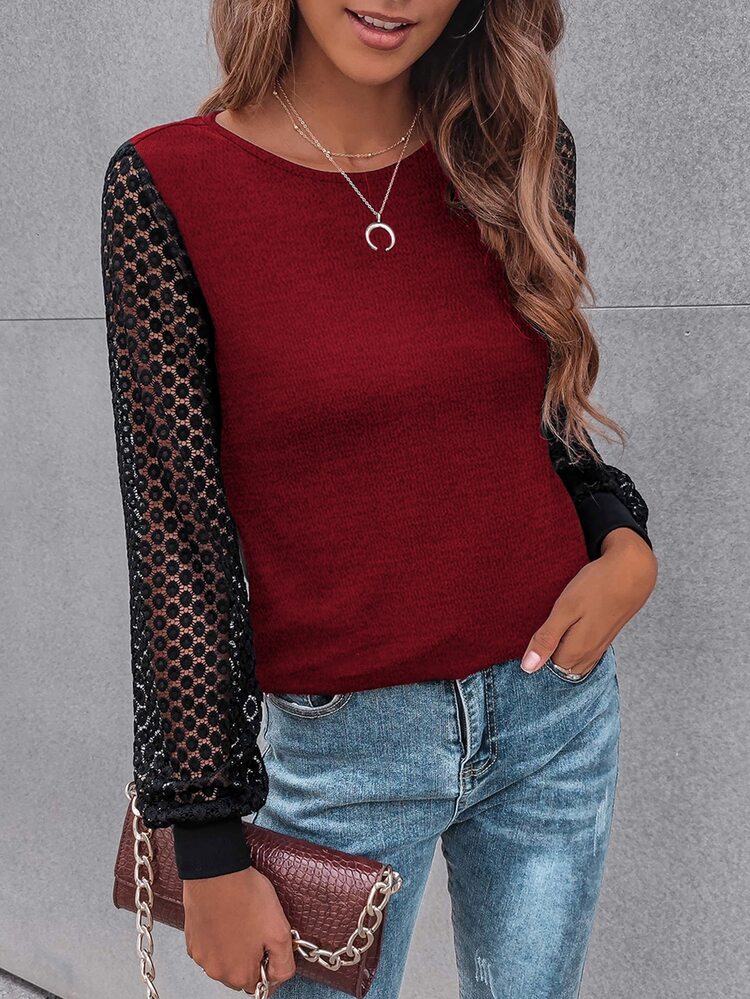 SHEIN LUNE Contrast Guipure Lace Bishop Sleeve Tee - Burgundy - View 4