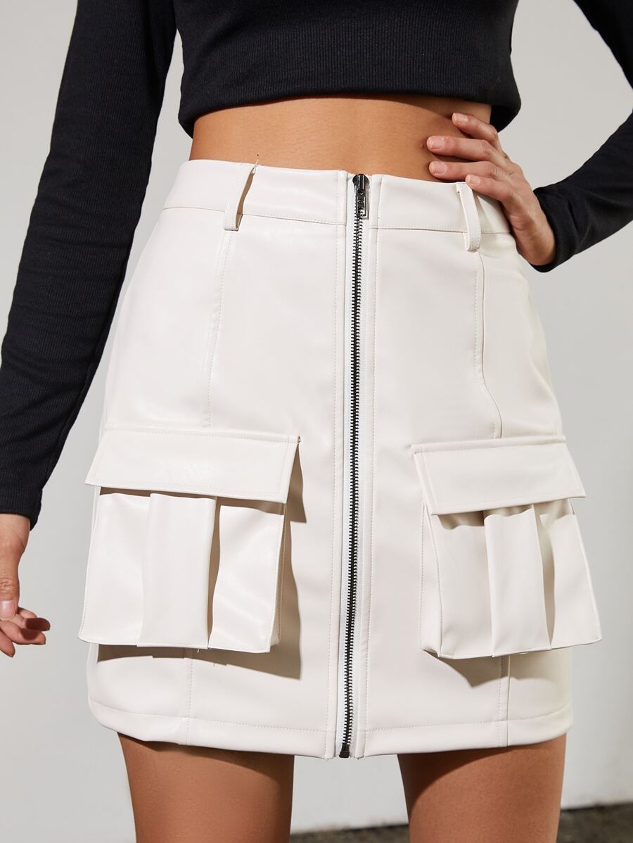 SHEIN Zipper Fly Dual Pocket Cargo Skirt - Beige - View 1