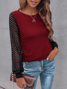 SHEIN LUNE Contrast Guipure Lace Bishop Sleeve Tee - Burgundy - View 5