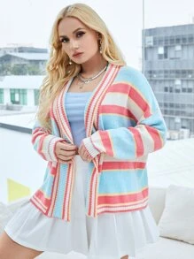 SHEIN Essnce áo hở cổ kích thước lớn Sọc Giải trí - Nhiều màu - Xem 4