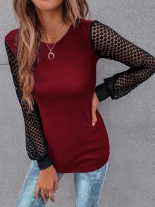 SHEIN LUNE Contrast Guipure Lace Bishop Sleeve Tee - Burgundy - View 6
