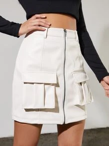 SHEIN Zipper Fly Dual Pocket Cargo Skirt - Beige - View 3