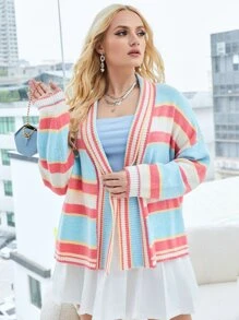 SHEIN Essnce áo hở cổ kích thước lớn Sọc Giải trí - Nhiều màu - Xem 5