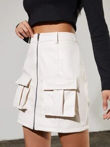 SHEIN Zipper Fly Dual Pocket Cargo Skirt - Beige - View 5