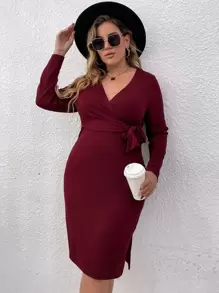 Đầm Plus Size Thắt lưng Chia Trọn gói màu trơn Thanh lịch - Màu Đỏ Sâu - Xem 1