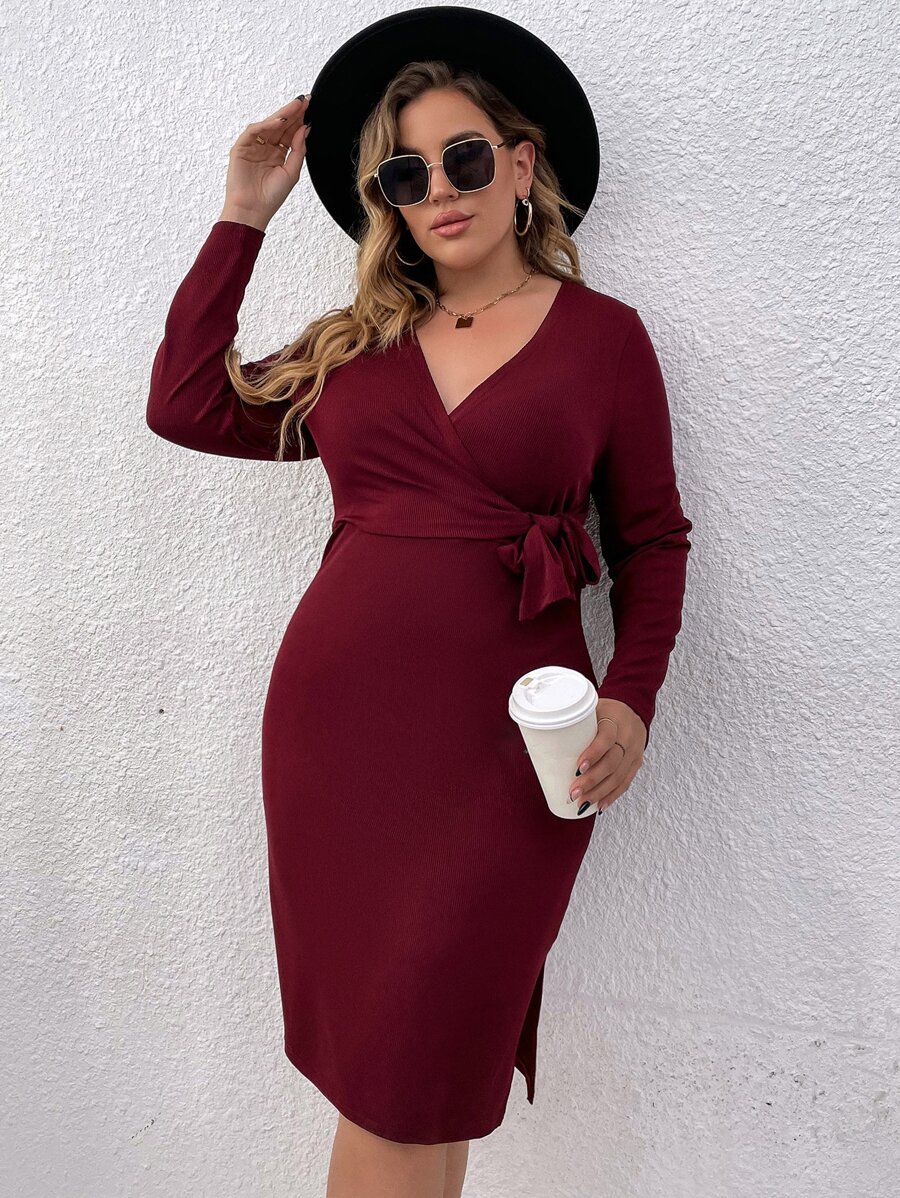 Đầm Plus Size Thắt lưng Chia Trọn gói màu trơn Thanh lịch - Màu Đỏ Sâu - Xem 1