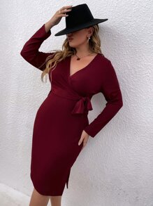 Đầm Plus Size Thắt lưng Chia Trọn gói màu trơn Thanh lịch - Màu Đỏ Sâu - Xem 4