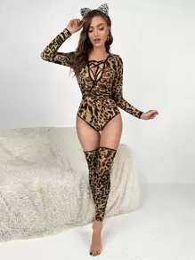 Leopard Pattern Animal Costume Bodysuit With Headband & Stockings, Lingerie - Multicolor - View 1