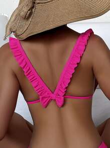 Frill Trim Tie Front Bikini Top, For Summer Beach Vacation - Hot Pink - View 1