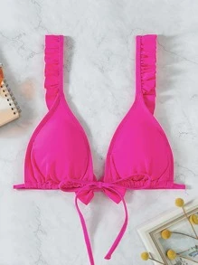 Frill Trim Tie Front Bikini Top, For Summer Beach Vacation - Hot Pink - View 3