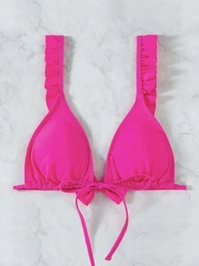 Frill Trim Tie Front Bikini Top, For Summer Beach Vacation - Hot Pink - View 4