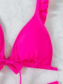 Frill Trim Tie Front Bikini Top, For Summer Beach Vacation - Hot Pink - View 5