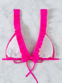 Frill Trim Tie Front Bikini Top, For Summer Beach Vacation - Hot Pink - View 6