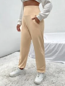 Wide Waistband Slant Pocket Joggers - Apricot - View 4