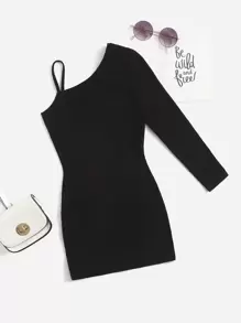 SHEIN Tween Girls' Knit Asymmetrical Neck Basic Solid Color Asymmetrical Neckline Dress - Black - View 1