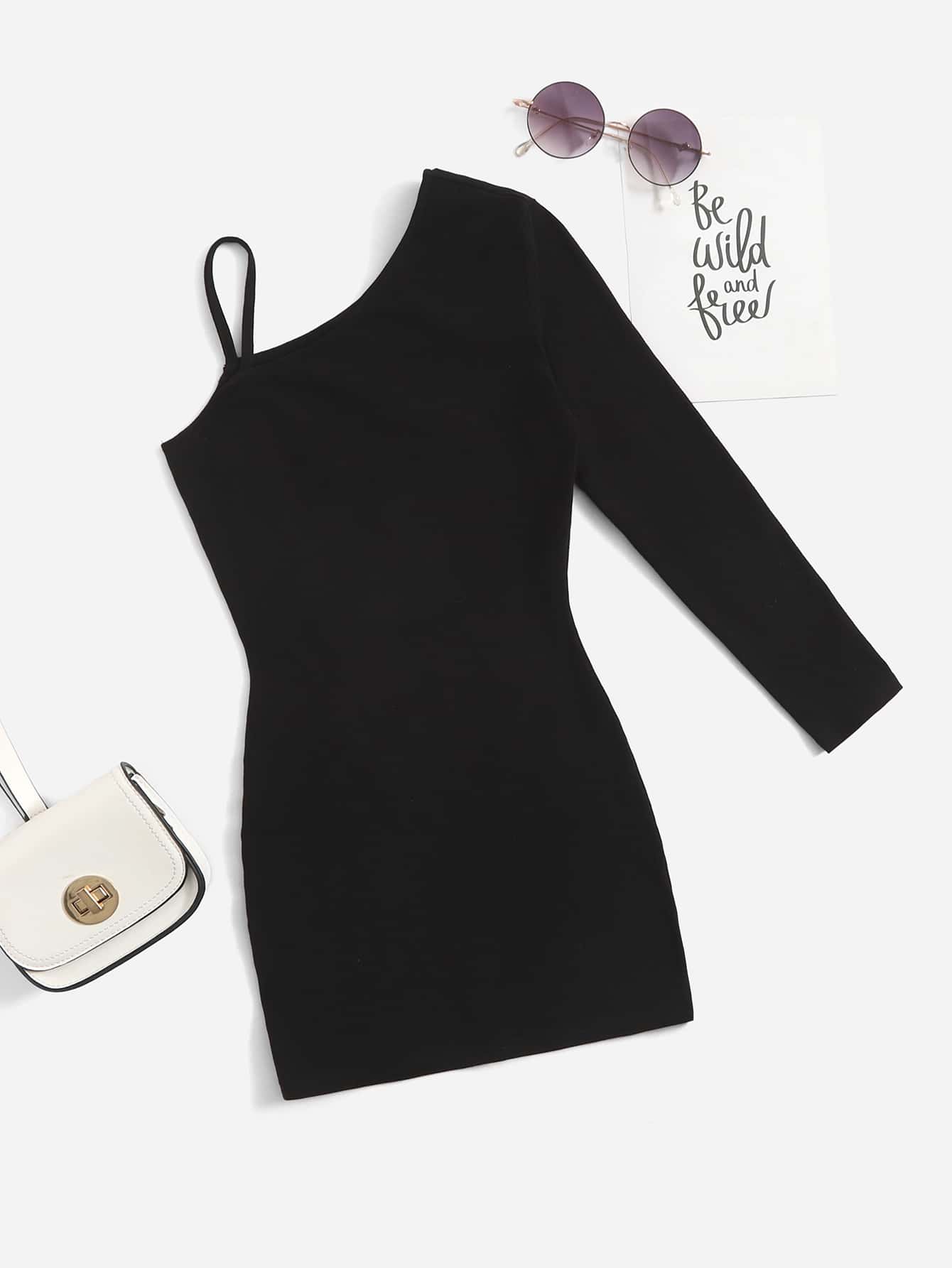 SHEIN Tween Girls' Knit Asymmetrical Neck Basic Solid Color Asymmetrical Neckline Dress - Black - View 1