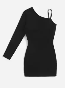 SHEIN Tween Girls' Knit Asymmetrical Neck Basic Solid Color Asymmetrical Neckline Dress - Black - View 2