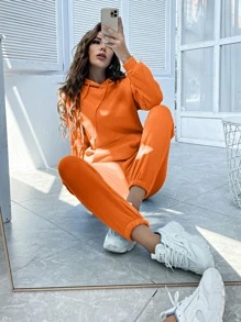 SHEIN Essnce Bộ đồ hai mảnh nữ Dây kéo Túi màu trơn Giải trí - trái cam - Xem 1